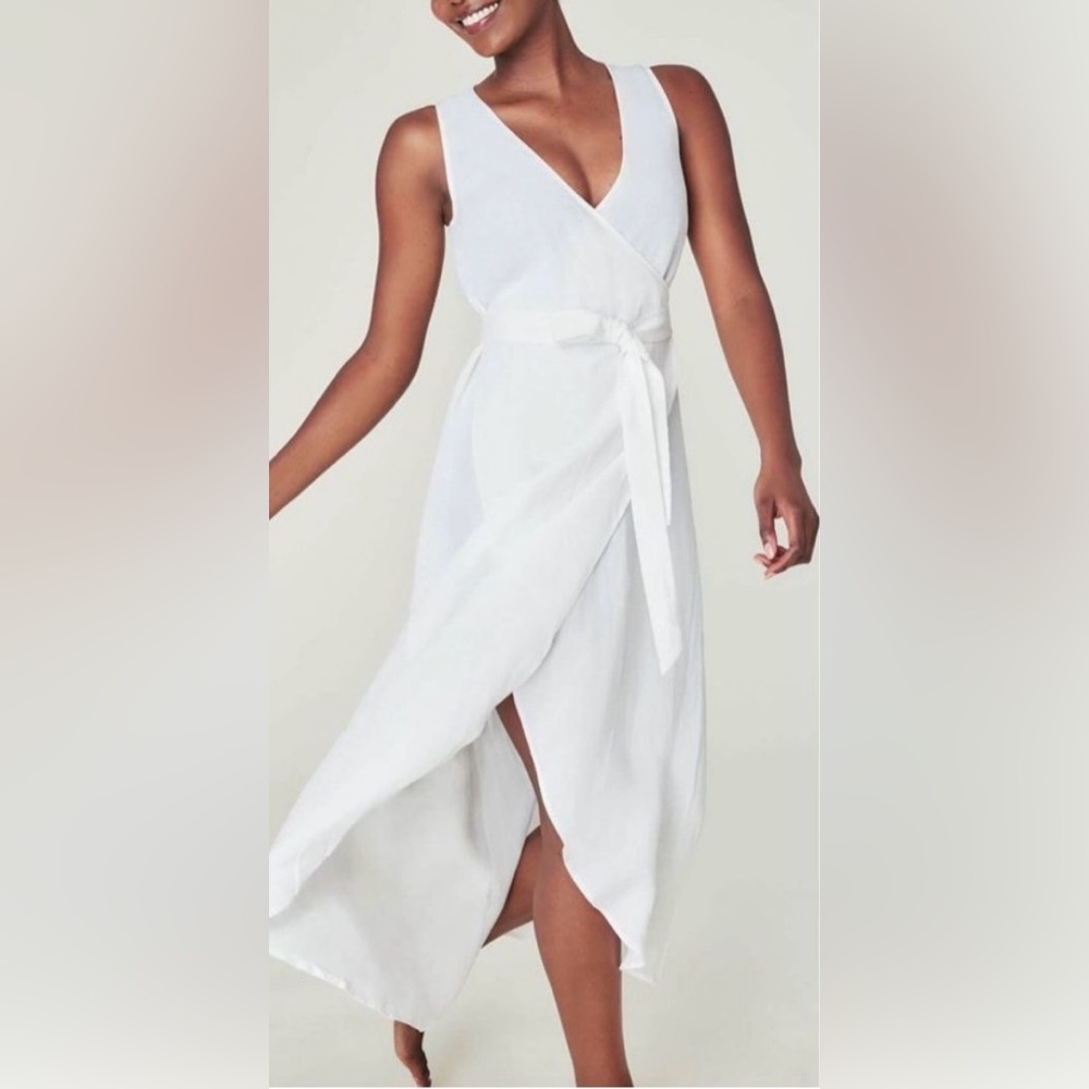 NWT Andie Swim Linen Blend Maxi Wrap Dress, Large, V Neck White Resort V Neck